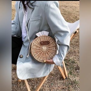 Small Pearl Beaded Straw Circle Bag